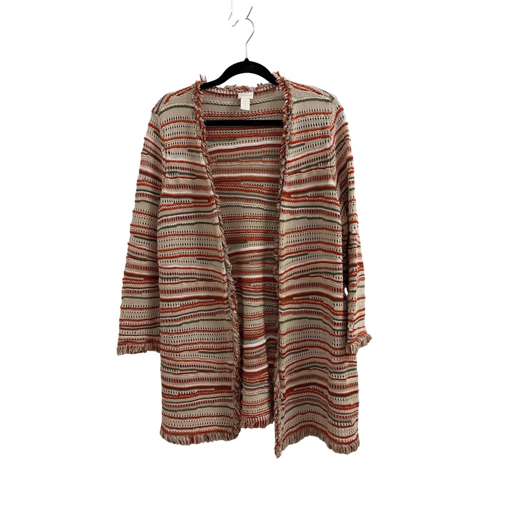 Chicos Striped Fringe Open Front Cardigan Sweater Orange Green‎ Boho Size 2 L